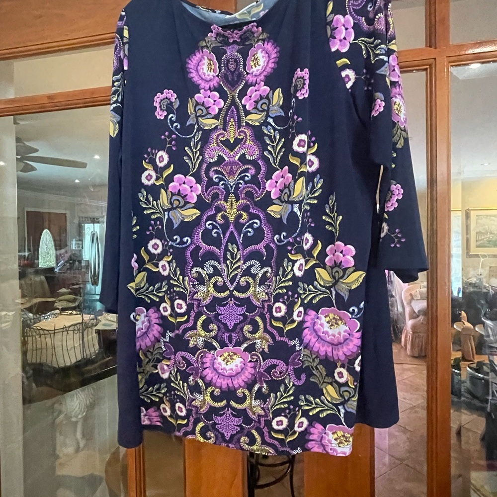 Susan Graver Navy Tunic with Pink and Yellow Floral Embroidery